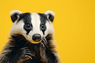 badger looking surprised, reacting amazed, impressed, standing over yellow background
