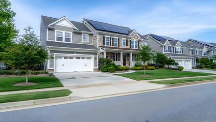 A modern house with solar panels and landscaped yard in a suburban neighborhood.
