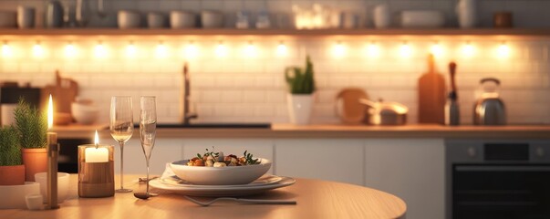 Home kitchen with warm lights, cozy dinner setup, 3D illustration