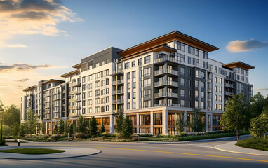 Modern apartment building with contemporary design and landscaped surroundings.