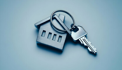 A key and keychain shaped like a house, symbolizing homeownership and security.