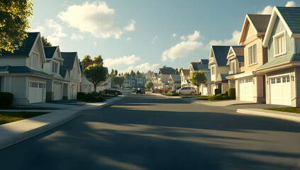 A serene suburban street lined with houses and trees under a clear sky.