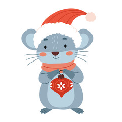 A cute mouse in a Santa hat holds a Christmas tree decoration in his hands.