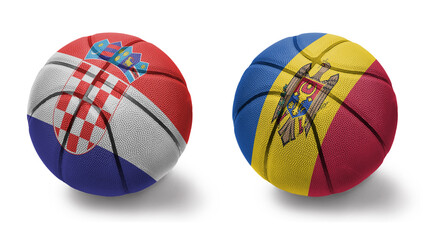 basketball balls with the national flags of moldova and croatia on the white background.