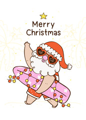 Cute Groovy Christmas Summer Retro Santa with Surfboard idea for greeting card