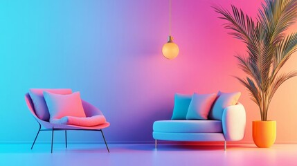 Indoor relaxation corner, artificial warm lighting, calm vibe, 3D illustration