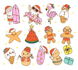 Group of Cute Groovy Summer Christmas Tropical Holidays Element Symbol cartoon doodle hand drawn collection