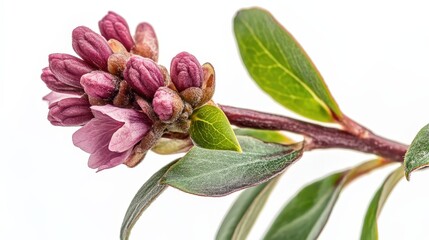 Close-up of pink daphne buds with green leaves on white background