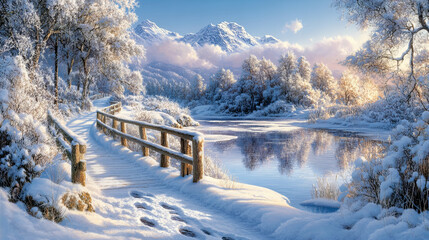 charming winter landscape showcasing snow covered bridge, serene river, and majestic mountains in background, evoking peaceful and magical atmosphere