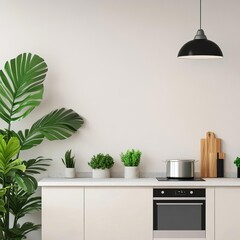 Kitchen with plants, warm light, natural ambiance, 3D render