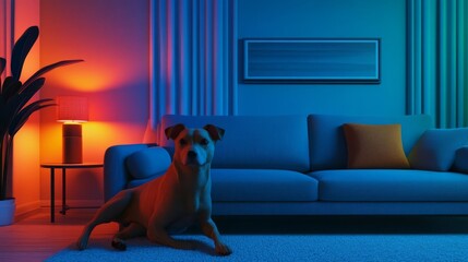 Obraz premium Living room with pets, warm glow, comfortable feel, 3D illustration