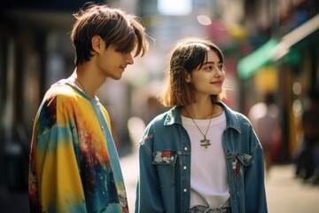 Fototapeta premium A man and a woman are standing on a street, the man wearing a yellow shirt