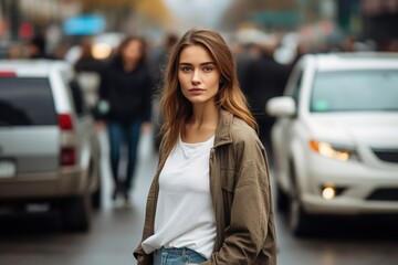 Obraz premium A woman stands in the middle of a busy street, surrounded by cars and people