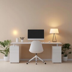 Minimalist workspace, soft warm lights, sleek design, 3D render