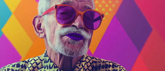 Obraz premium Stylish Senior Man with Purple Sunglasses and Lipstick Against Colorful Background, Stylish Senior Man with Purple Sunglasses and Lipstick Against C