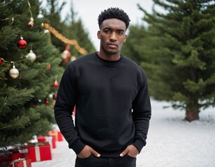 Handsome Africans Americans man wearing a black blank crewneck sweatshirt. mock up style photo. background outside at Christmas's time.