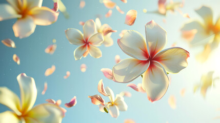 Obraz premium The concept of a backdrop for a postcard on March 8. A bouquet of white plumeria flowers floats in the air. Flowers are scattered all over the sky, creating a feeling of freedom and lightness