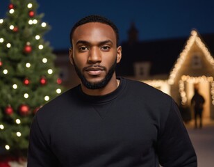 Handsome Africans Americans man wearing a black blank crewneck sweatshirt. mock up style photo. background outside at Christmas's time.