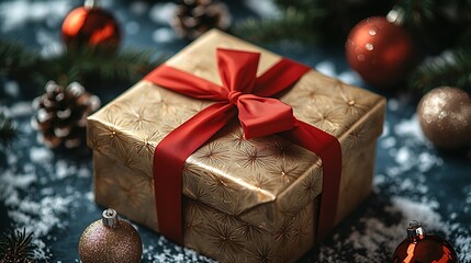 A gold gift box with a red bow and pine needles sits on a blue surface surrounded by Christmas ornaments, pinecones, and fake snow.