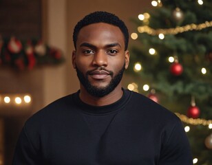 Handsome Africans Americans man wearing a black blank crewneck sweatshirt. mock up style photo. background outside at Christmas's time.