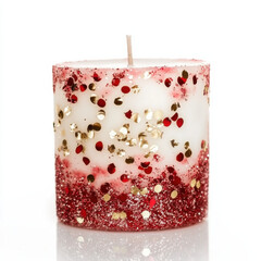 Festive Red and White Square Candle with Embedded Berries, Perfect for Holiday Home Decorations