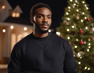Handsome Africans Americans man wearing a black blank crewneck sweatshirt. mock up style photo. background outside at Christmas's time.