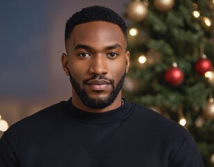 Handsome Africans Americans man wearing a black blank crewneck sweatshirt. mock up style photo. background outside at Christmas's time.
