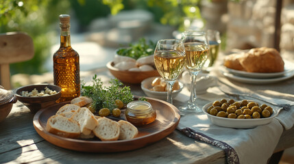 Rakia with Bread, Olives, and Herbs on Rustic Outdoor Table