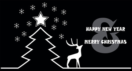 Merry christmas and happy new year card banner with christmas tree and other ornaments white line art. Vector illustration isolated on black background.