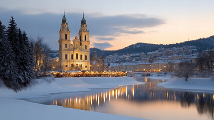 Fototapeta premium picturesque winter scene featuring historic church illuminated at dusk, surrounded by snow covered trees and serene river reflecting lights