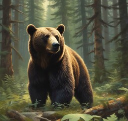 Obraz premium Illustration of wild animal. Bear in wild forest in summer season.