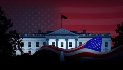 Silhouette of White House with united state of America flag and stock market chart for USA election president related with economy and investment concept