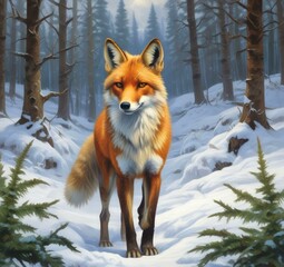 Obraz premium Illustration of cute animal. Fox in winter season.