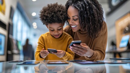 A mother and her young son in a sleek electronics store, examining different smartphones on display, with the boy excitedly pointing to his preferred model while the mother smiles and listens
