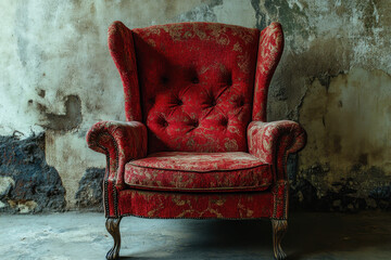 Vintage red armchair with ornate patterns against an aged, textured wall, exuding a sense of history and timeless elegance.