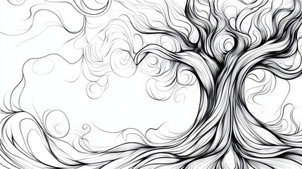 Fototapeta premium Abstract line art of a tree with swirling branches and roots, realistic and detailed on white
