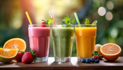 Fototapeta premium Three glasses with fresh fruit smoothies for breakfast. Healthy eating and diet. Healthy vegetarian lifestyle
