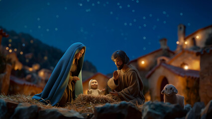 Fototapeta premium Joseph, Mary and Baby Jesus in the crib, 3D animation nativity scene in the Bethlehem. Christmas holidays greeting card with Holy family. 