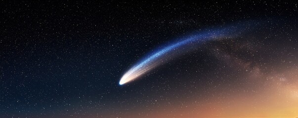 Obraz premium A vibrant comet streaks through a starry night sky, illuminating the cosmos with its bright tail against a beautiful gradient horizon.