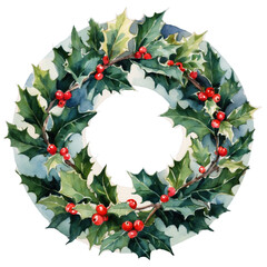 Fototapeta premium Christmas Wreath with Holly – Festive Watercolor Illustration on Transparent Background