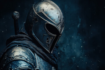 Fototapeta premium A medieval knight in battle-worn armor stands against a dark, snowy backdrop, reflecting a sense of mystery and history. The atmosphere is somber and intense.