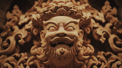 Detailed Wooden Carving of a Mythical Creature with Crown and Beard