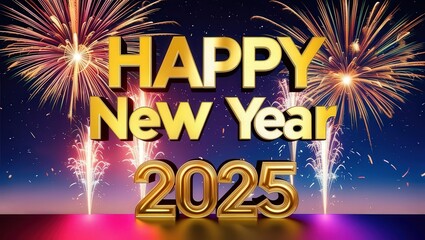 Celebratory fireworks and golden text welcome the New Year 2025 in vibrant colors.