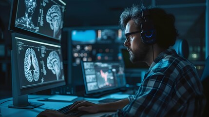 excited and futuristic young  man working on laptop with headphone generative ai