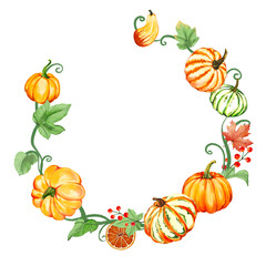 autumn pumpkin leaves border frame Hand drawn illustration on a transparent background