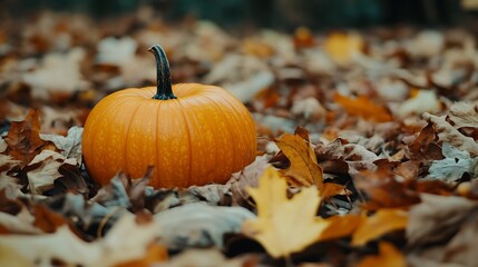 A Single Pumpkin Resting Amidst Autumn Leaves