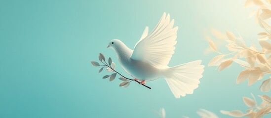 Obraz premium White dove with olive branch flying against a blue sky.