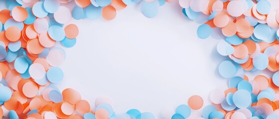 A vibrant arrangement of circular confetti in blue and orange, creating a playful border around a blank white space.