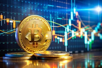 Business Golden Coin and Digital Currency on Stock Market with Futuristic Growth Chart, Highlighting Positive Indicators in Cryptocurrency Investment and Financial Data Analysis