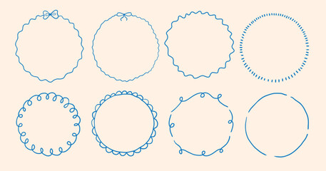Circle whimsical wavy scallop frame with bow tie in doodle trendy style. Border with elegant outline loop for greeting cards.